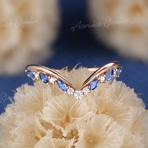 Unique Marquise Sapphire Curved Wedding Band Rose Gold Cornflower Sapphire Wedding Ring Dainty Stacking Matching Ring Custom Rings For Women