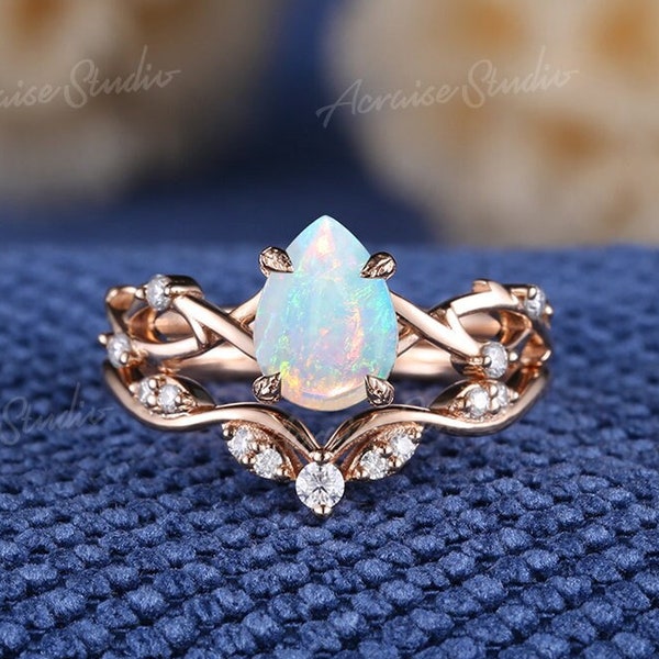 Pear Opal  Engagement Ring Set Moissanite Vintage Twist Ring 14k Gold Rings Diamond Curved Stacking Band Promise Anniversary Gifts For Her