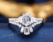 Vintage Moissanite engagement ring set Hexagon Cut rings White gold unique Baguette stacking ring Art deco promise ring Anniversary gift