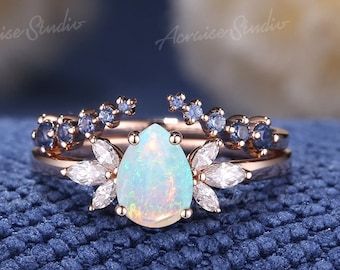 Vintage Natural Opal Engagement Ring Set Women Rose Gold Pear shaped White Opal Ring Unique Wedding Rings Blue Sapphire Open Wedding Band