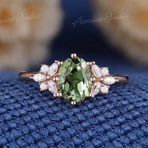 Vintage Oval Olive Green Sapphire Engagement Ring Rose Gold Green Gemstone Wedding Ring Diamond Cluster Custom Promise Rings For Women Gift