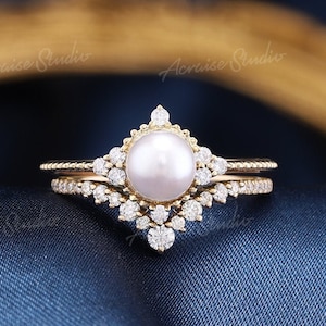 Antique Pearl Engagement Ring Set solid gold Wedding Ring Diamond curved stacking rings Akoya Pearl Bridal Set Women gifts for mom