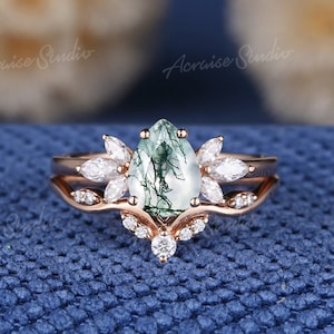 Unique Moss Agate Pear Cut Engagement Ring Set Dainty Marquise Diamond Cluster Rings Vintage Bridal Set Women 14K Rose Gold Wedding Rings