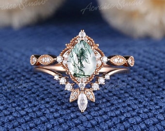 Vintage Moss Agate engagement ring set Pear shaped Green gemstone ring Women rose gold Unique diamond cluster ring Moss Agate wedding rings