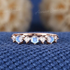 Unique Hexagon Shaped Moonstone Wedding Band Minimalist Rose Gold Square Moissanite Wedding Ring Diamond Anniversary Promise Rings For Women