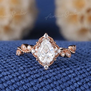 Pear shaped Moissanite Engagement Ring Vintage Wedding Ring Rose Gold Unique Milgrain ring diamond cluster Moissanite Promise Ring for Women