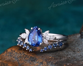 White Gold Sapphire Engagement Ring Set Pear Shaped Cornflower Sapphire Rings Women Unique Wedding Rings Bridal Set Blue Sapphire Open band
