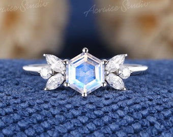 Unique Hexagon Moonstone Engagement Ring Moonstone Butterfly Wings Wedding Ring Rose Gold Dainty diamond cluster Bridal Rings For Women
