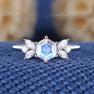 Hexagon moonstone sales engagement ring