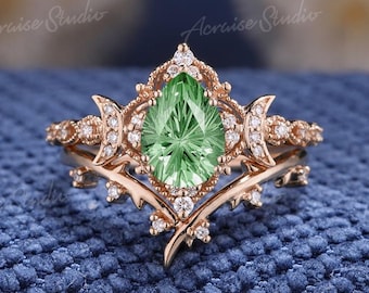 Feuerwerk Cut Mond Grün Saphir Verlobungsring Set Vintage Gold Diamant Ehering Set Jubiläumsringe für Frauen Muttertagsgeschenk