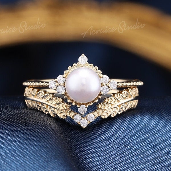 Vintage Akoya Pearl Engagement Ring Set Solid 14k Gold Wedding Ring Set Diamond Cluster Leaf Wedding Band Pearl Ring Set Rings For Women