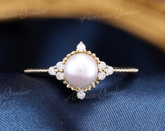 Pearl Engagement Ring Wedding Ring for woman Solid Yellow Gold Vintage Akoya Pearl Ring Diamond halo ring Art deco milgrain Birthstone ring