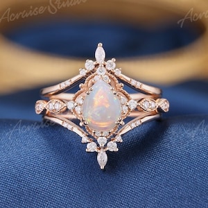 Unique Opal Engagement Ring Set 3pcs Pear Shaped Bridal Sets Nature White Opal Wedding Ring Set Women Vintage Rose gold Promise Ring for Her 3pcs ring set