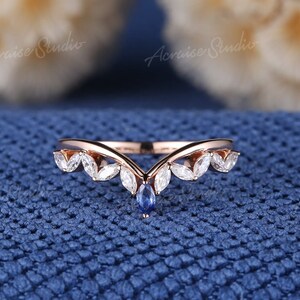 Marquise Sapphire Wedding Band Curved Wedding Band Rose Gold Ring Unique Diamond Ring Women Stacking Rings anniversary gift Sapphire Ring
