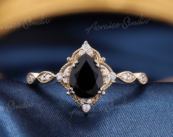 Pera Negro anillo de compromiso de ónix Vintage Negro anillo de piedra preciosa de oro sólido Anillo de diamantes anillo de racimo de diamantes Único milgrain halo anillo de promesa