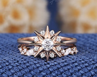 Vintage Star Moissanite Engagement Rings Galaxy Star Moissanite Wedding Ring Set Rose Gold Art Deco Stacking Promise Anniversary Gift Women