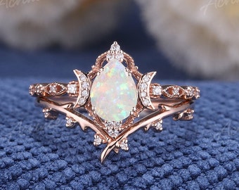Unique Opal Moon Engagement Ring Set Vintage Fire Opal Wedding Ring Set Rose gold Diamond Cluster Thorn Wedding Band Promise Rings For Women