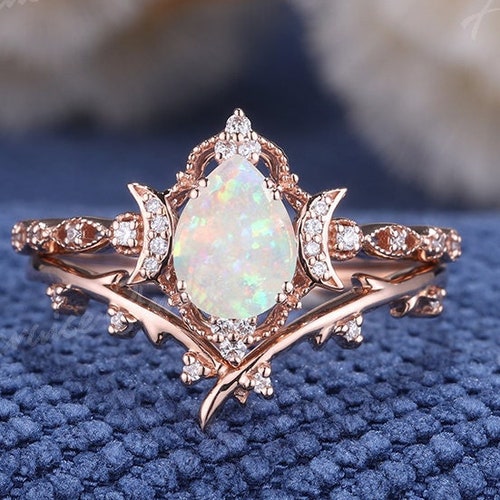 Pear Shaped Cut Moonstone Engagement Ring Set Rose Gold - Etsy