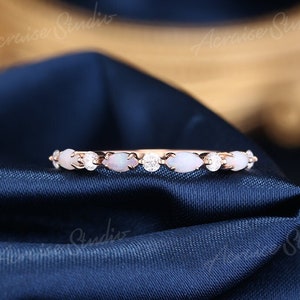 Unique Opal wedding band women Rose gold ring Marquise opal ring Vintage natural white opal stacking ring Diamond wedding ring matching band
