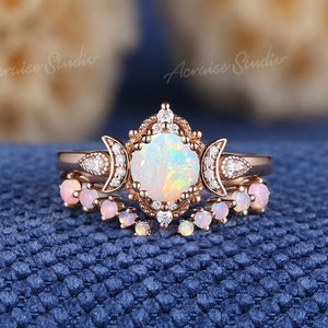 Vintage Natural Opal Engagement Ring Set Rose Gold Sailor Moon Star Inspired Wedding Ring Unique opal Curved Wedding Band Rings For Women