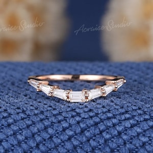 Baguette Cut Moissanite Wedding Band Women Rose Gold Unique Baguette Cut Diamond Wedding Band Curved Weddding Band Vintage Stacking Ring