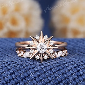 Vintage Star Moissanite Engagement Rings Galaxy Star Moissanite Wedding Ring Set Rose Gold Art Deco Stacking Promise Anniversary Gift Women