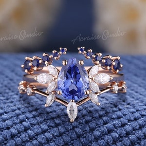 Pear Shaped Cornflower Sapphire Engagement Ring Set 3pcs Art Deco Wedding Rings Women Rose Gold Marquise Diamond Sapphire Wedding Band