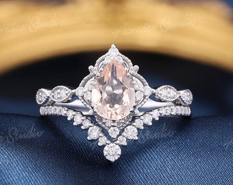 Unique Morganite Engagement Ring Set White gold Pear shaped Wedding rings Women Diamond ring set Champagne Morganite Promise Floral Ring