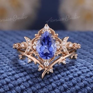 Vintage Cornflower Sapphire Engagement Ring Set Rose Gold Rings For Women Diamond Curved Wedding Band Anniversary Best Gifts For Her