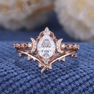 1.2CT Vintage Moissanite Engagement Ring Set Twig Vine Moissanite Wedding  Band In Pink Gold