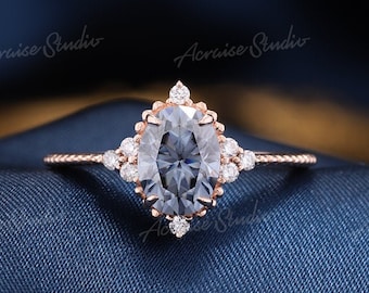 Unique Gray moissanite engagement ring Vintage engagement ring Rose Gold Oval Shaped Nautral Diamond Cluster Wedding Ring Antique Ring