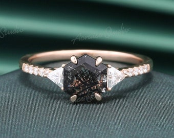 Black Rutilated Quartz Engagement Ring Hexagon Ring Black Quartz Ring Half Eternity Triangle Moissanite Cluster Ring Art Deco Vintage Ring