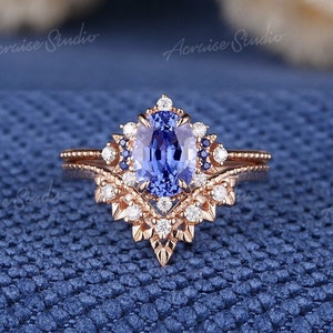 Vintage Oval Sapphire Engagement Ring Set Rose Gold Cornflower Sapphire Wedding Ring Moissanite leaf wedding band anniversary gift for Her