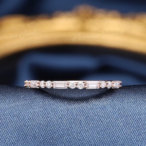 Baguette wedding band rose gold Baguette diamond ring Vintage engagement ring Stacking Band Unique Half Eternity Bridal ring gift for women