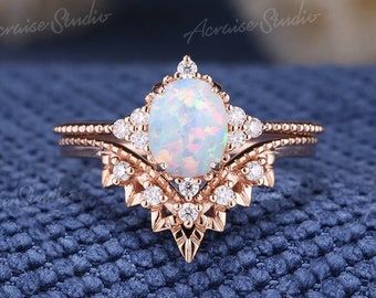 Unique Opal Engagement Ring Vintage Oval Opal Ring Set Rose Gold Halo Wedding Moissanite Cluster Leaf Diamond Bridal Promise Rings Women