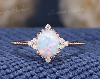 Vintage Opal Engagement Ring Oval Shaped Opal Wedding Ring Women Rose Gold Art Deco Ring Moissanite Cluster Ring Unique Promise Dainty Ring