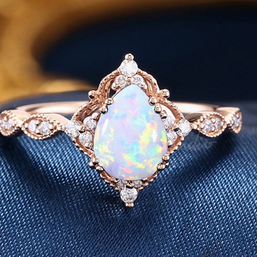 Vintage Opal Engagement Ring Pear Shaped Milgrain Opal Ring - Etsy