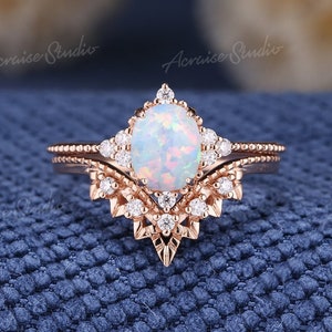 Unique Opal Engagement Ring Vintage Oval Opal Ring Set Rose Gold Halo Wedding Moissanite Cluster Leaf Diamond Bridal Promise Rings Women