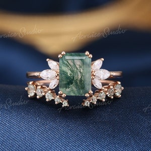 Vintage Emerald Cut Moss Agate Engagement Ring Set Women Rose Gold Unique Moissanite Cluster Wedding Rings Bridal Set Green Sapphire band