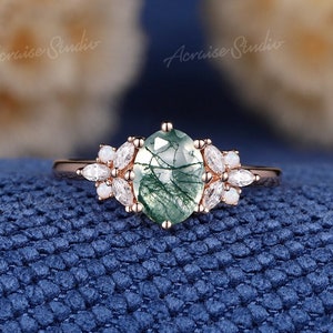 Vintage Oval Shaped Moss Agate Engagement Ring Rose Gold Green Moss Agate Wedding Ring Diamond Cluster Custom Promise Rings For Women Gift