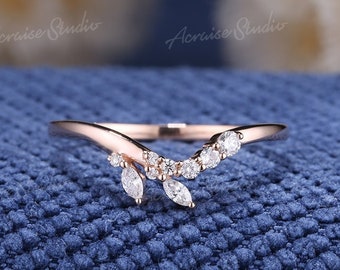 Dainty curved wedding band diamond 14k rose gold Leaf Floral wedding band Delicate Marquise moissanite ring Promise bridal rings for women