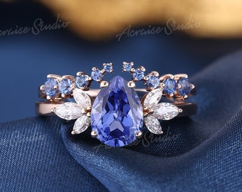 Vintage Cornflower Sapphire Engagement Ring Set Women Rose Gold Pear Sapphire Wedding Ring Open Wedding Band Unique Bridal Set For Women