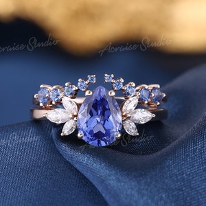 Vintage Cornflower Sapphire Engagement Ring Set Women Rose Gold Pear Sapphire Wedding Ring Open Wedding Band Unique Bridal Set For Women