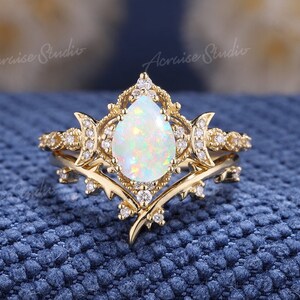 Natural Opal Engagement Ring Set Vintage Moon Wedding Ring set Unique Celestial Ring Diamond Curved Wedding Band Promise Rings For Women