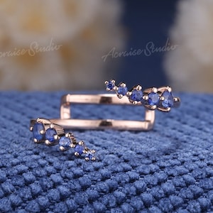 Vintage Sapphire Open Wedding Band Unique Blue Sapphire Ring Enhancer Rose Gold Matching Stacking Ring Art Deco Promise Anniversary Gift