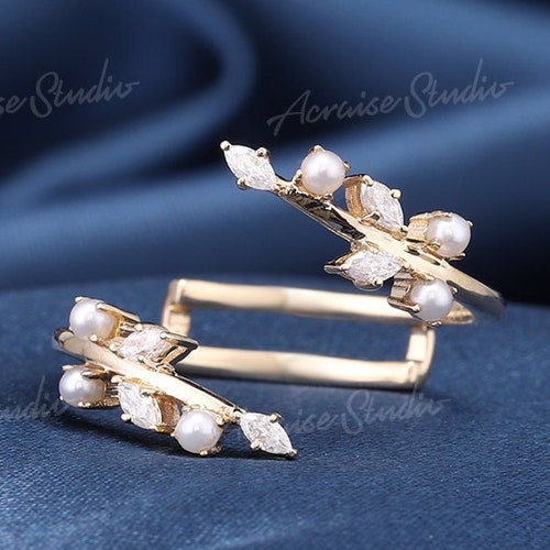 Open Leaf Wedding Band Marquise Diamond Ring Enhancer 14k Gold Etsy