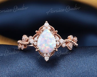 Vintage Opal Engagement Ring Pear Shaped Milgrain Opal Ring Rose Gold Vine Floral Ring Diamond Cluster Ring Unique wedding promise Ring