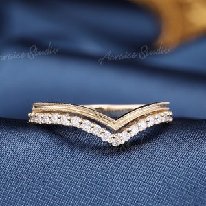 Anillo de boda curvo con diamantes vintage para mujer, anillo de oro de 14 k, anillo en forma de V, banda de doble cheurón, apilable, anillo de boda a juego, anillo de compromiso nupcial
