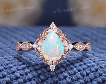 Vintage Opal Engagement Ring Rose gold Opal jewelry Birthstone Rings Unique Wedding Ring Milgrain Diamond Cluster Promise Ring Art Deco