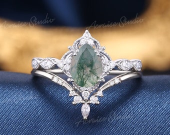 Pear Moss Agate engagement ring set Vintage white gold bridal set green agate ring vintage Wedding Rings Women Unique diamond cluster ring